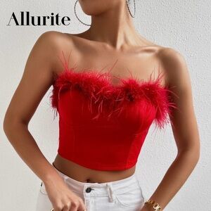Red Feather Trim Corset Crop Top